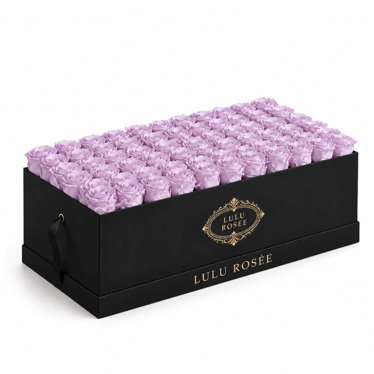Light purple eternal roses in a Black Classic rectangular rose box
