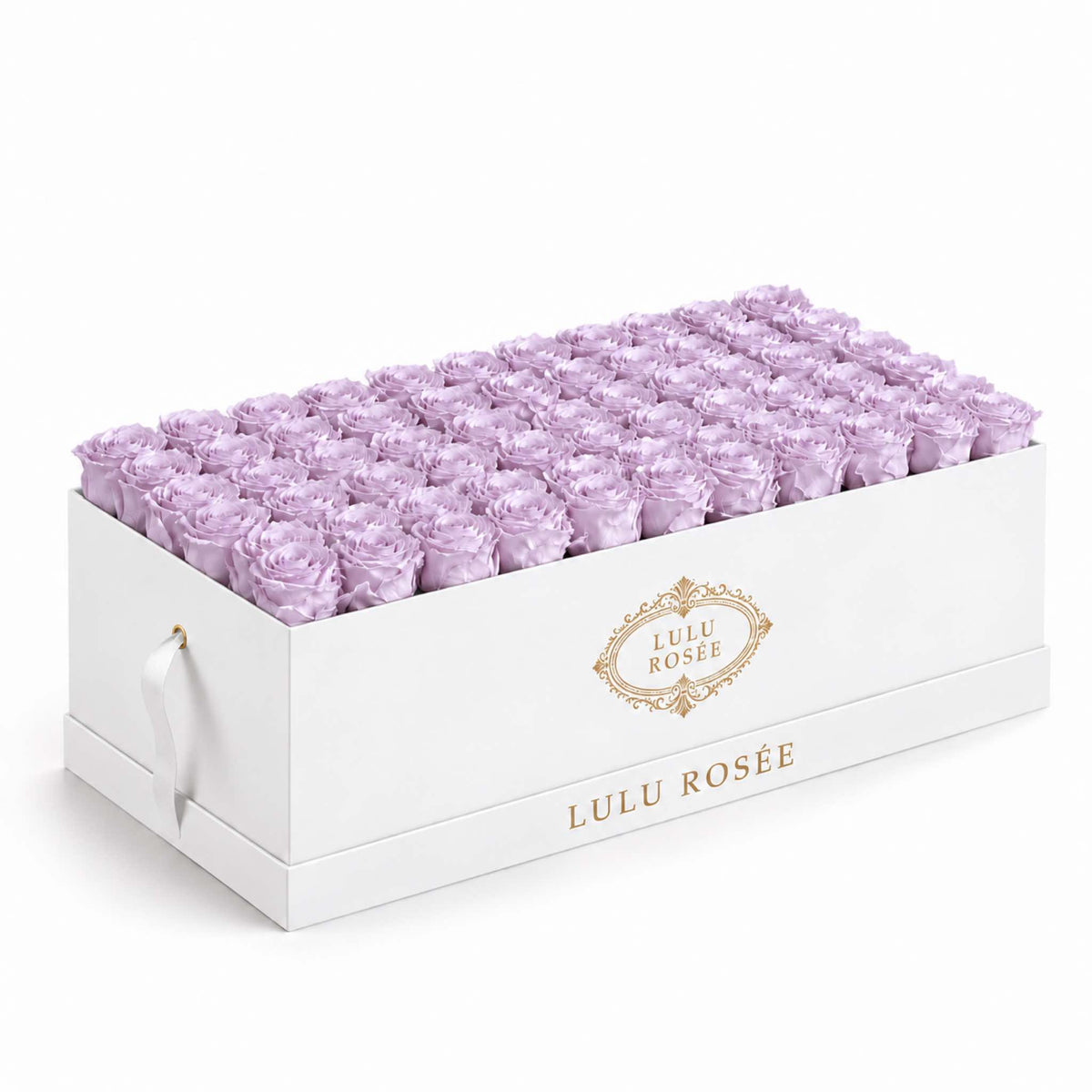 Light purple preserved roses in a White Classic rectangular rose box