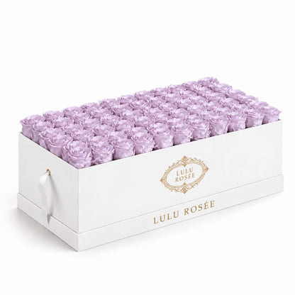 Light purple preserved roses in a White Classic rectangular rose box