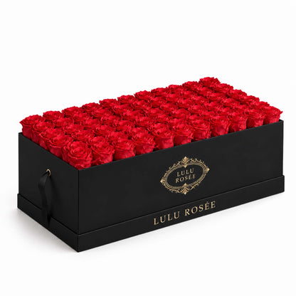 Red eternal roses in a Black Classic rectangular luxury flower box