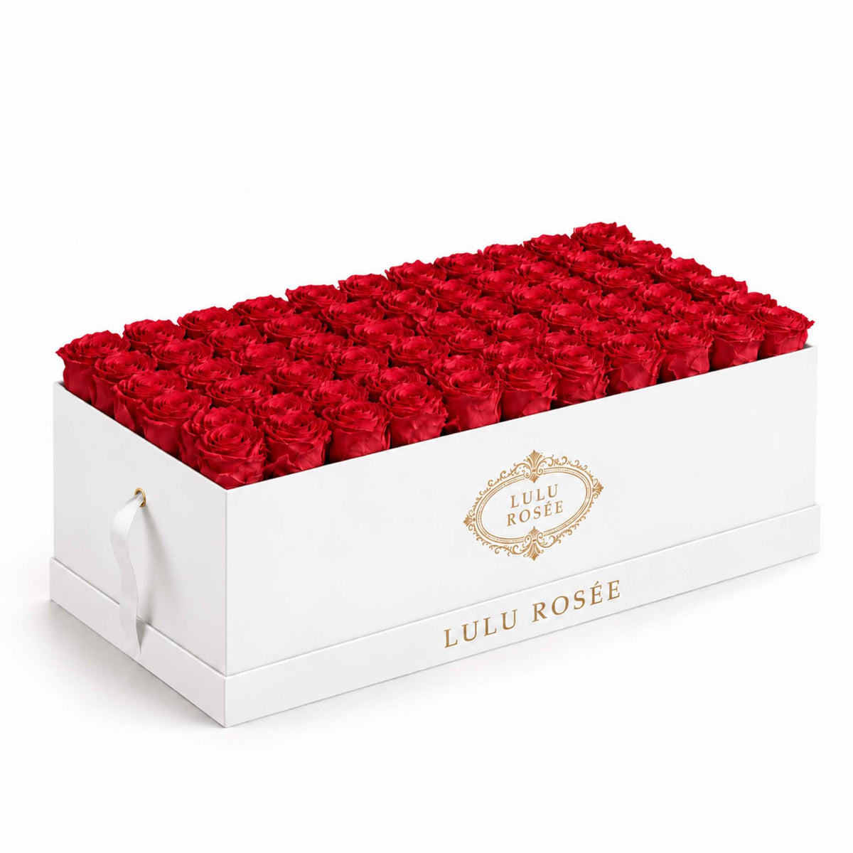 Red eternal roses in a White Classic rectangular LULU ROSÉE flower box