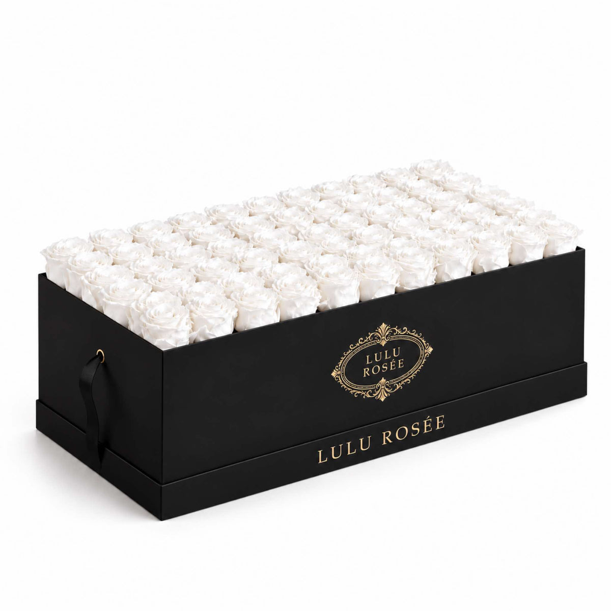 White eternal roses in a Black Classic Palais Rectangle rose box