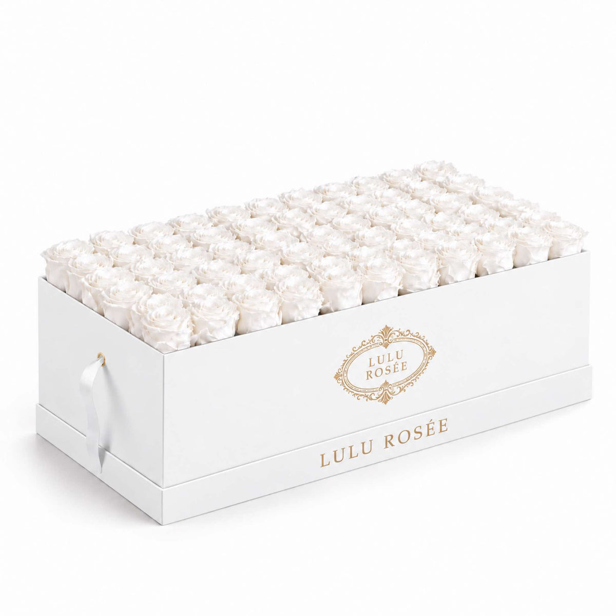 White eternal roses in a White Classic Palais Rectangle rose box
