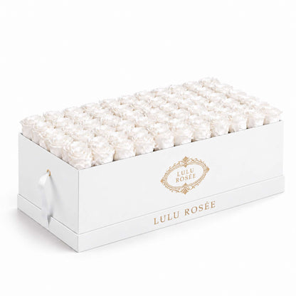 White eternal roses in a White Classic Palais Rectangle rose box