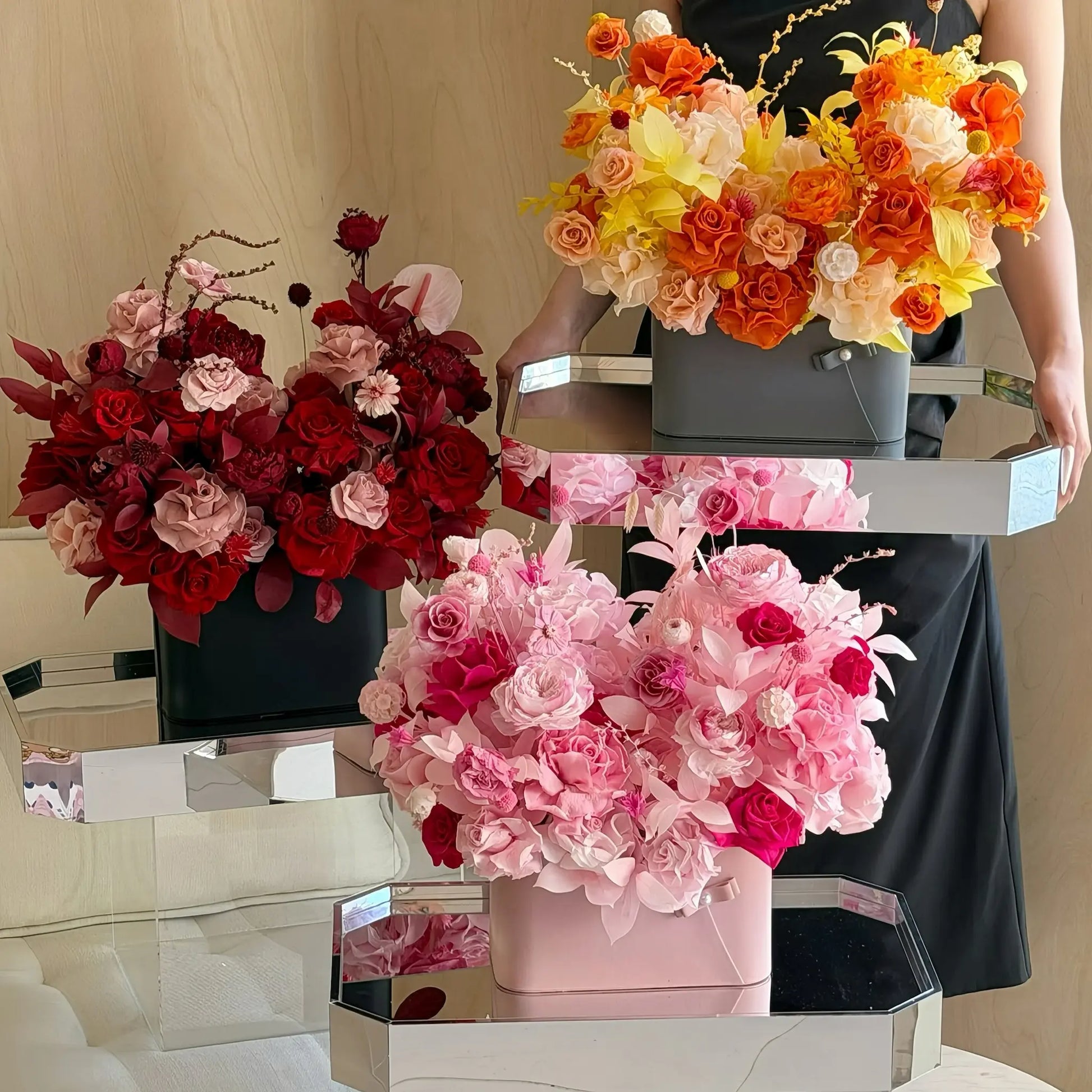 LULU ROSÉE Parisian Bloom Garden Collection, Comparing Blush Pink, Sunset Orange and Romantic Red Preserved Flower Boxes