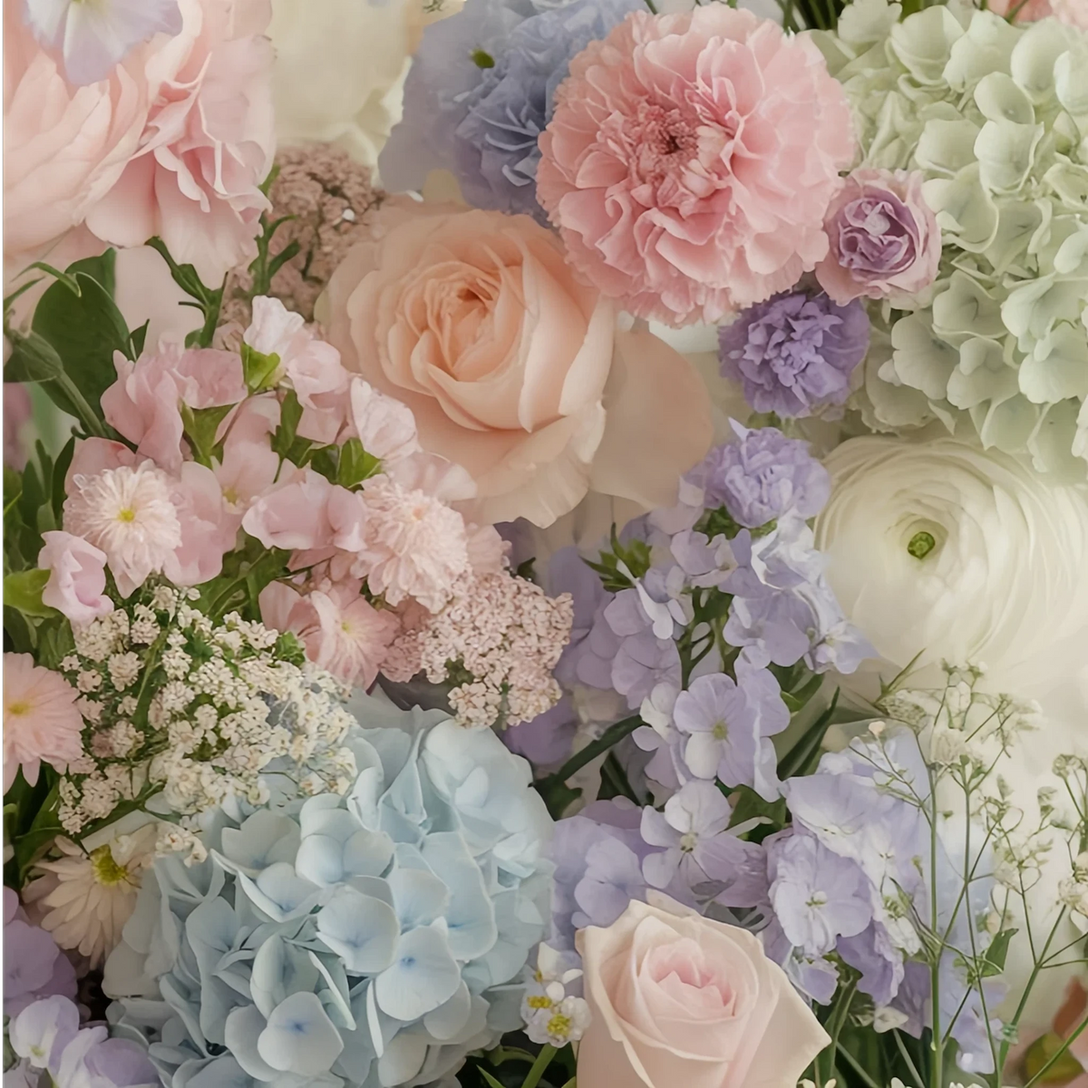 LULU ROSÉE mixed pastel preserved flowers close‑up, peony rose hydrangea arrangement, luxury everlasting floral display