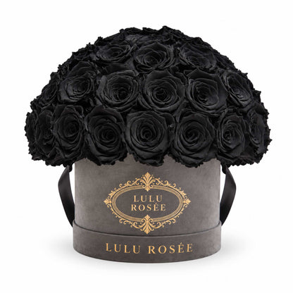 Black preserved roses in a grey suede Small Le Plein box on a white background.