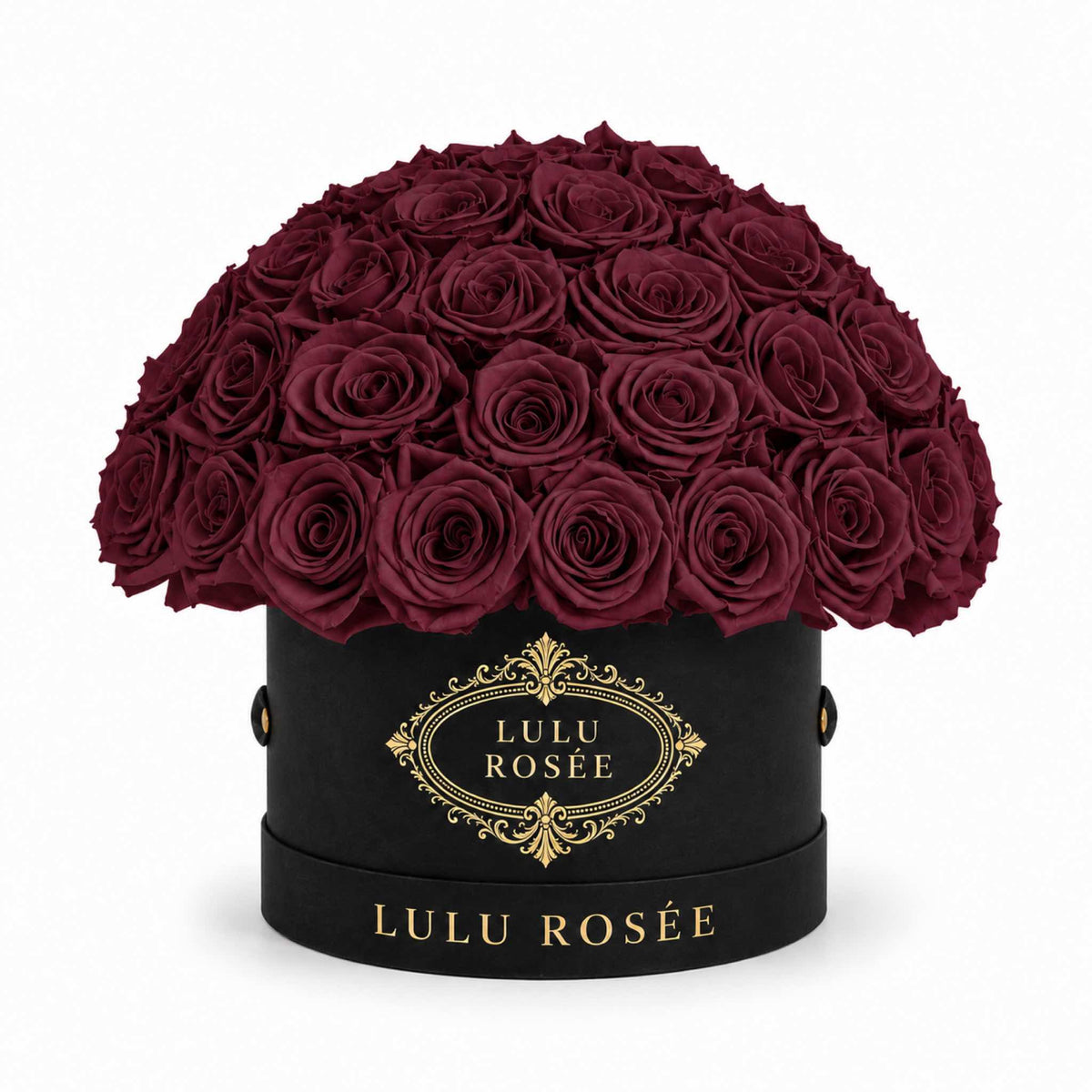 Burgundy preserved roses in a black classic Small Le Plein box on a white background.