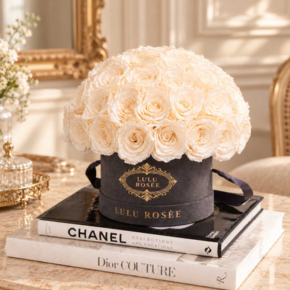 White preserved roses in a grey suede Small Le Plein box displayed in a salon setting.