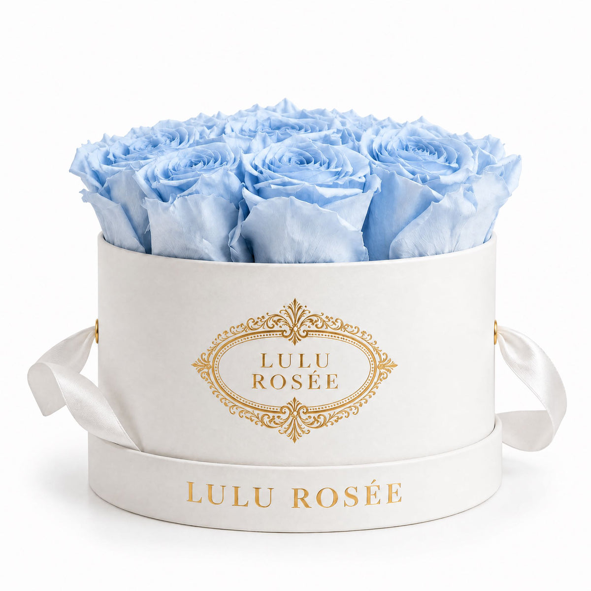 Baby blue preserved roses in a white small round box on a white background.