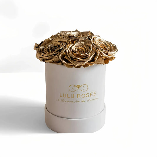 LULU ROSÉE small round box gold roses beige classic box on white background