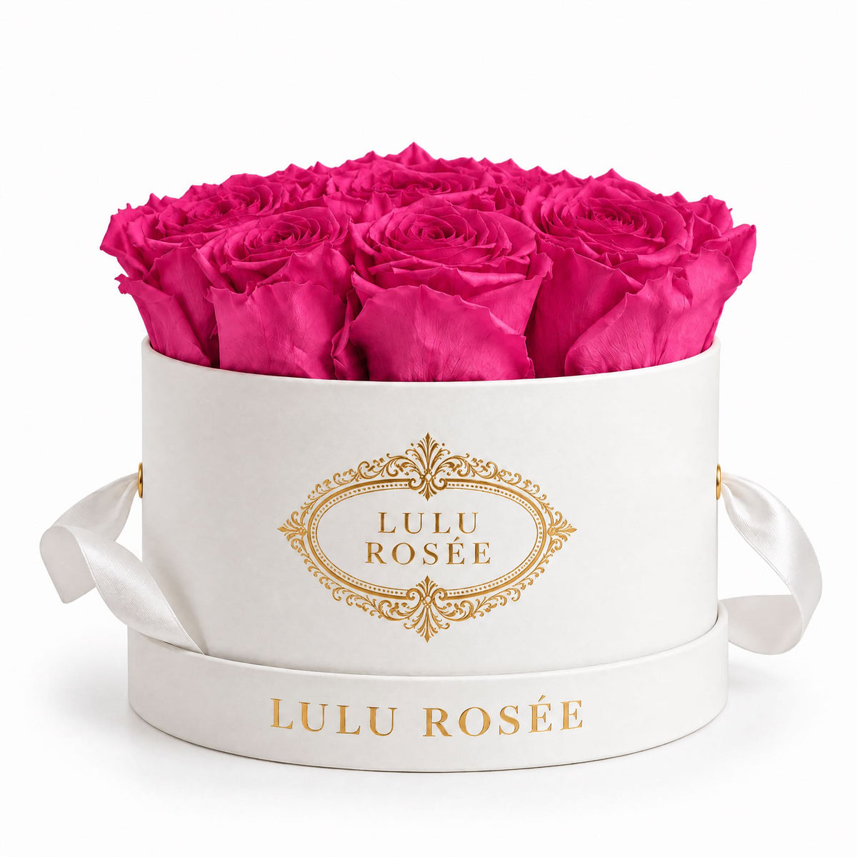 Hot pink preserved roses in a white small round box on a white background.