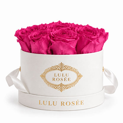Hot pink preserved roses in a white small round box on a white background.