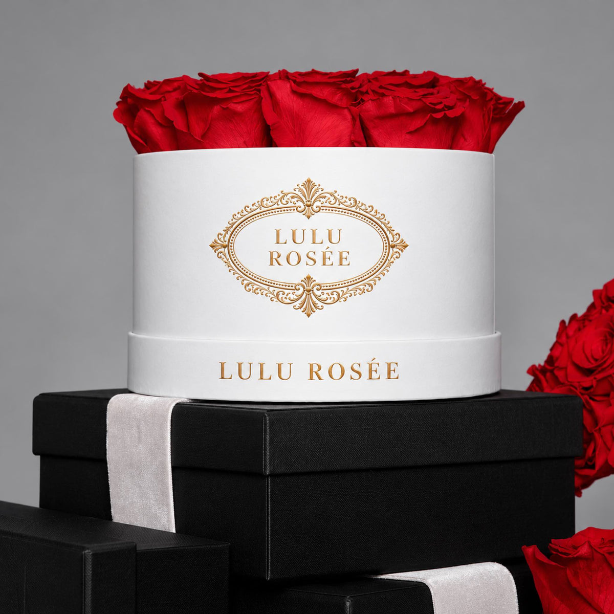Red preserved roses in a white LULU ROSÉE round box styled with black gift boxes.