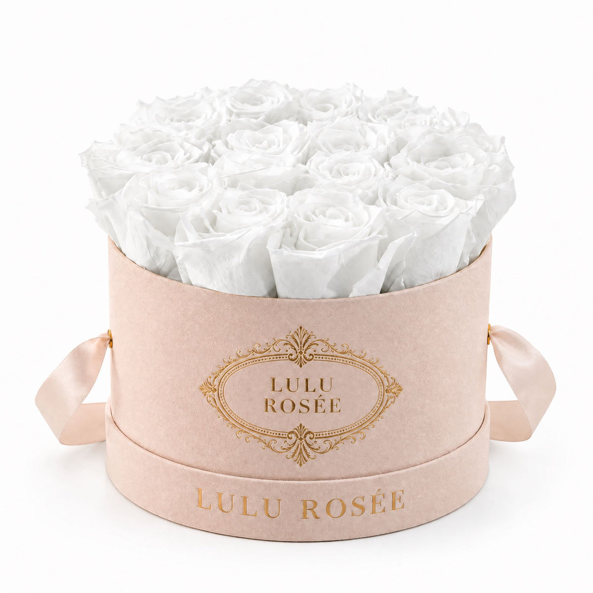 White preserved roses in a blush suede round box on a white background.