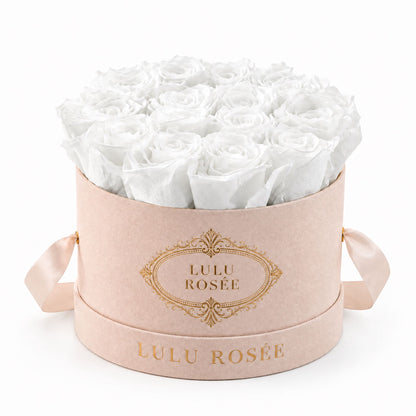 White preserved roses in a blush suede round box on a white background.