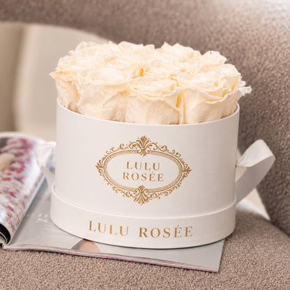 White preserved roses in a white classic round box, styled with magazines.