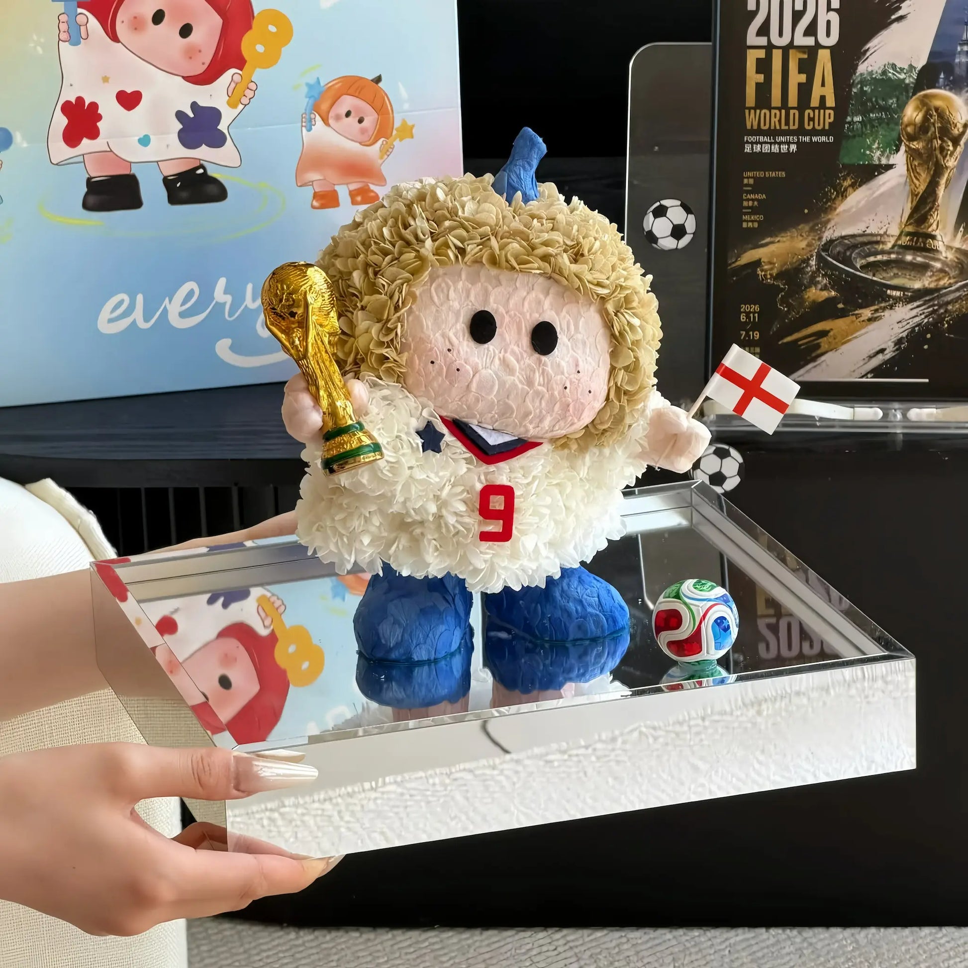 LULU ROSÉE Limited World Cup Eternal Floral Soccer Player Doll, England No.9 preserved flower plush doll with champion trophy, premium fan memorabilia in transparent display box