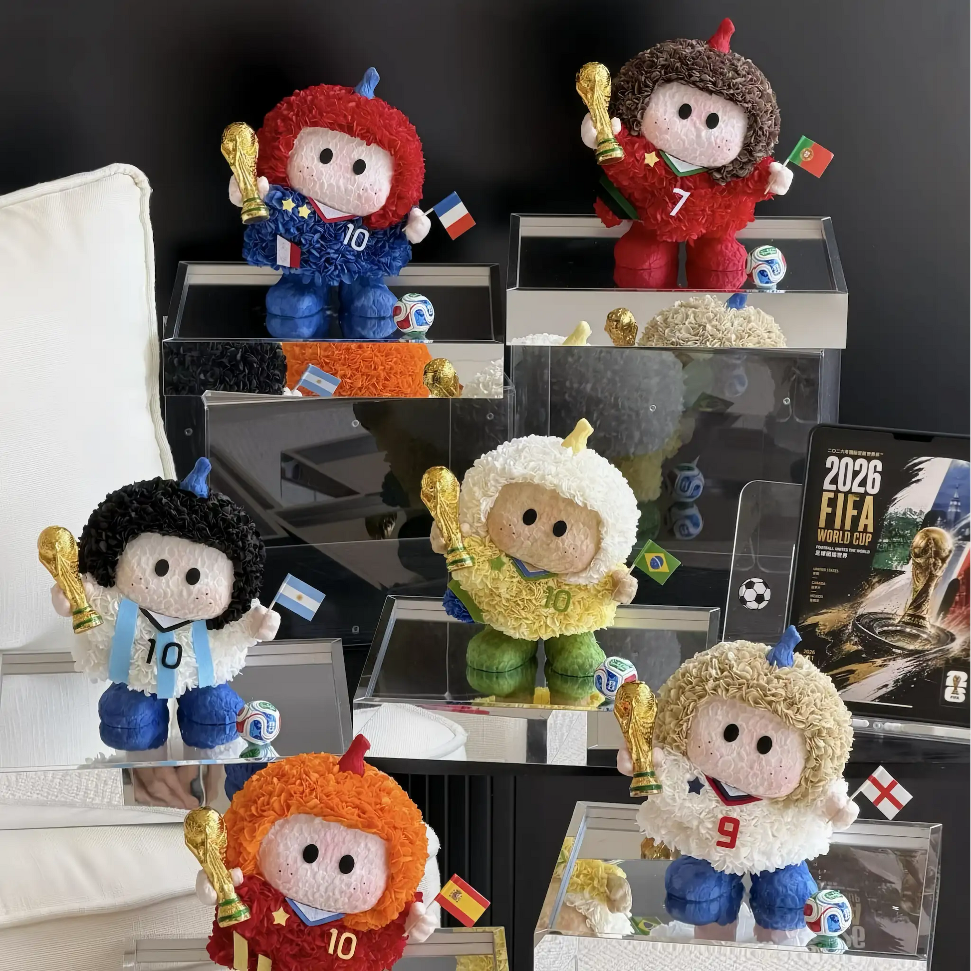 LULU ROSÉE Limited World Cup Eternal Floral Soccer Doll Multi-Piece Bundle, assorted national team preserved flower player dolls, full fan collection set in acrylic display boxes