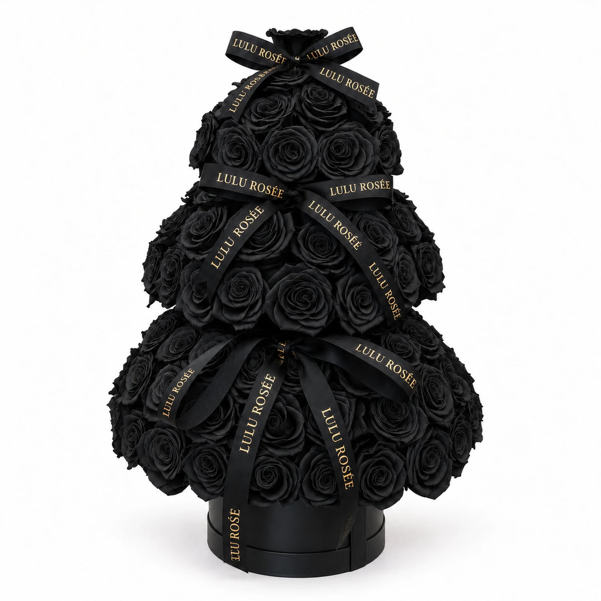 Black preserved rose Christmas tree with LULU ROSÉE ribbons and a round black base