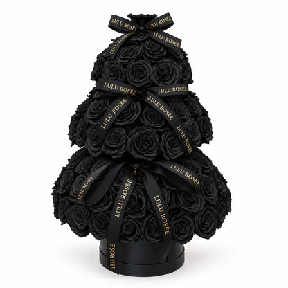 Black preserved rose Christmas tree with LULU ROSÉE ribbons and a round black base