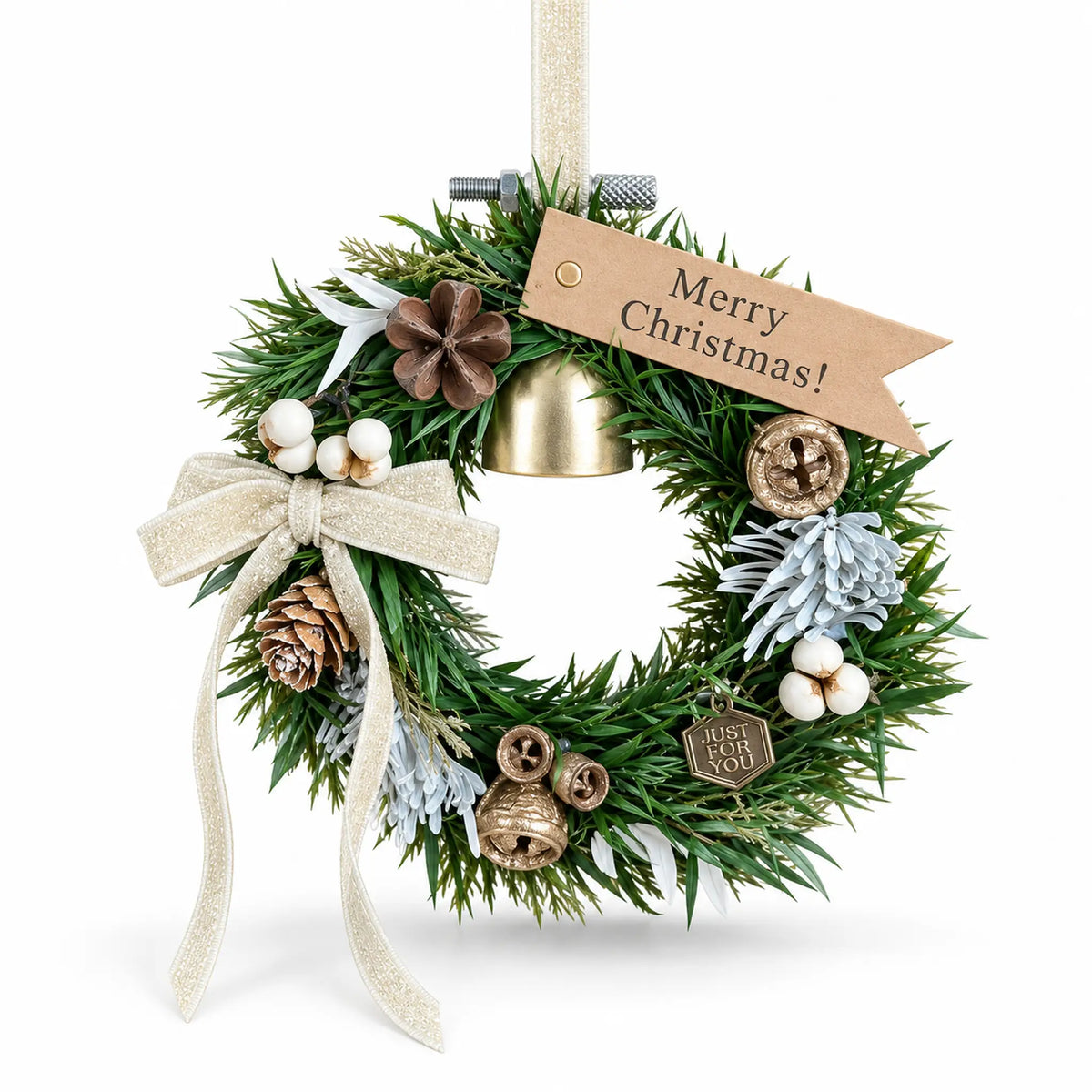 Small green Christmas wreath ornament with a gold bell and cream bow on a white background.