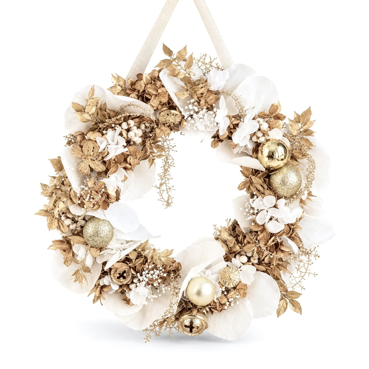 White and gold Christmas wreath with preserved orchids, hydrangeas and festive ornaments on a white background.