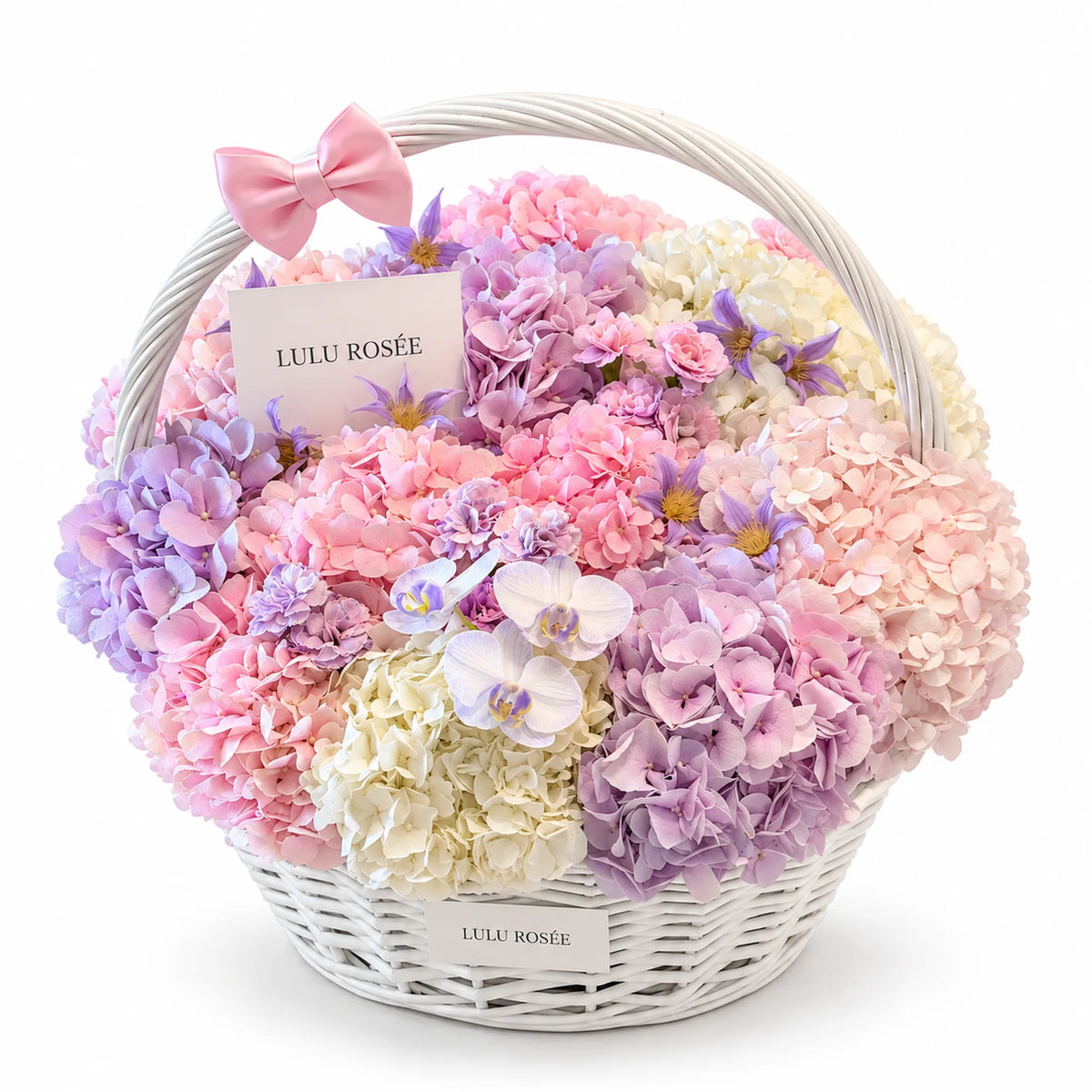 Pastel preserved hydrangea basket with white orchids and a pink bow on a white background