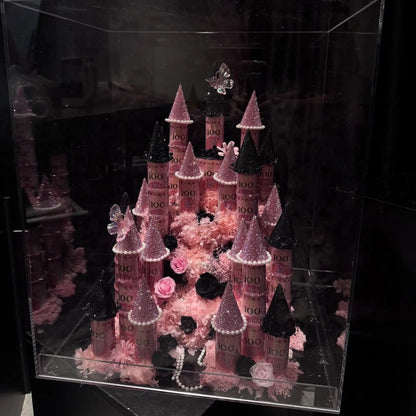 Front view of the LULU ROSÉE black-pink medium preserved flower castle