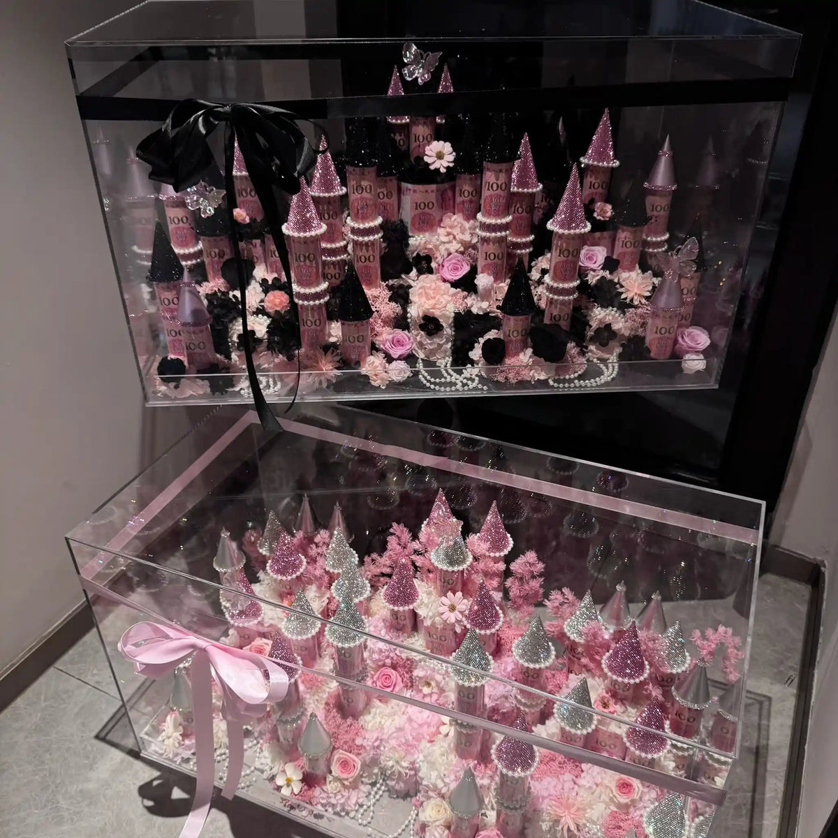 LULU ROSÉE pink and black-pink large preserved flower castles shown together