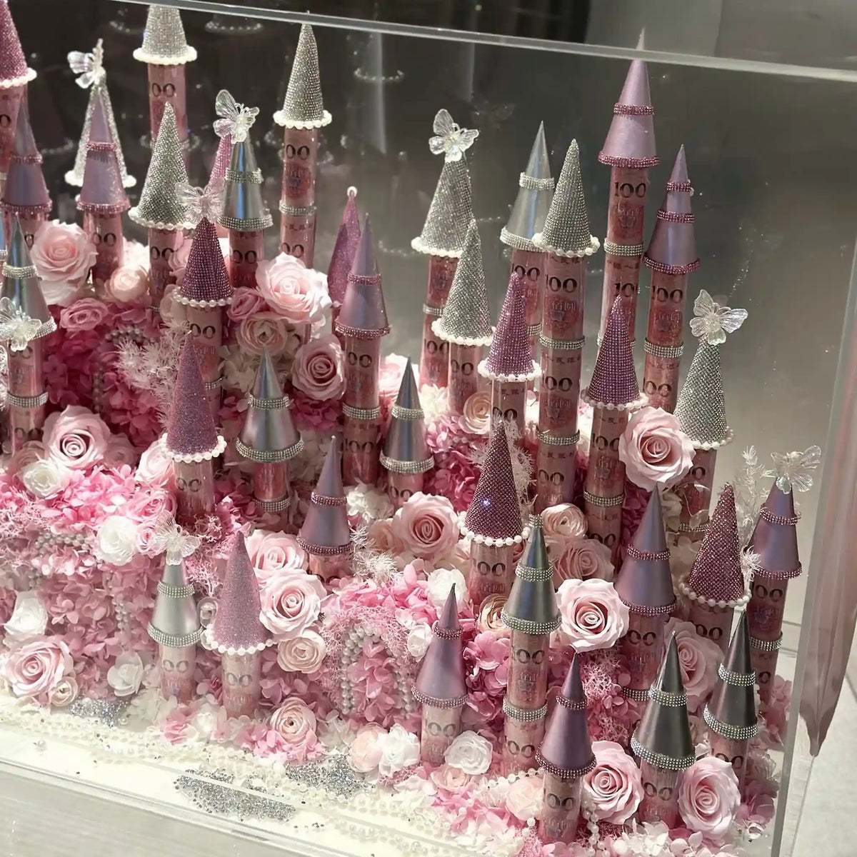 Detail view of the LULU ROSÉE pink giant preserved flower castle arrangement