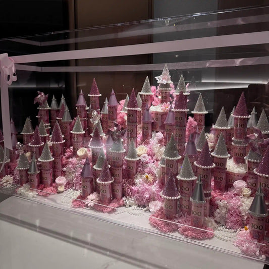 LULU ROSÉE pink giant preserved flower castle presented in a display case