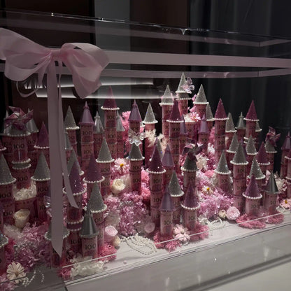 Front view of the LULU ROSÉE pink giant preserved flower castle