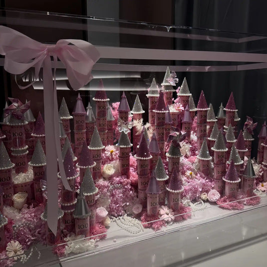 Front view of the LULU ROSÉE pink giant preserved flower castle