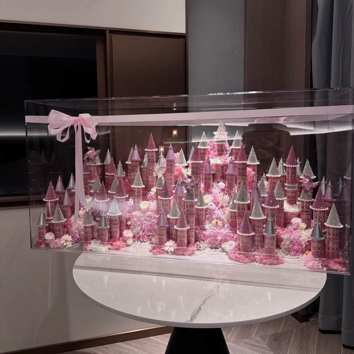 Wide view of the LULU ROSÉE pink giant preserved flower castle display