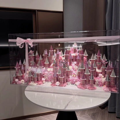 Wide view of the LULU ROSÉE pink giant preserved flower castle display