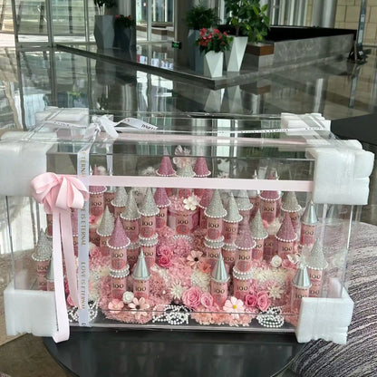 Close-up of the LULU ROSÉE pink large preserved flower castle arrangement