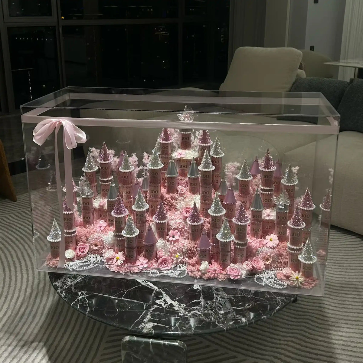 LULU ROSÉE pink large preserved flower castle presented in a clear display case