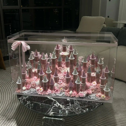 LULU ROSÉE pink large preserved flower castle presented in a clear display case