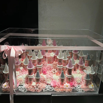 Wide view of the LULU ROSÉE pink large preserved flower castle display