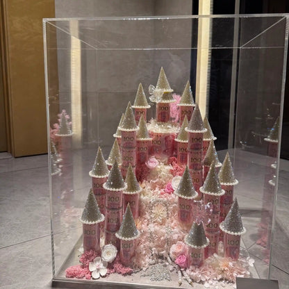 Close-up of the LULU ROSÉE pink medium preserved flower castle arrangement