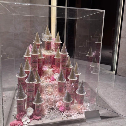 LULU ROSÉE pink medium preserved flower castle in its display case