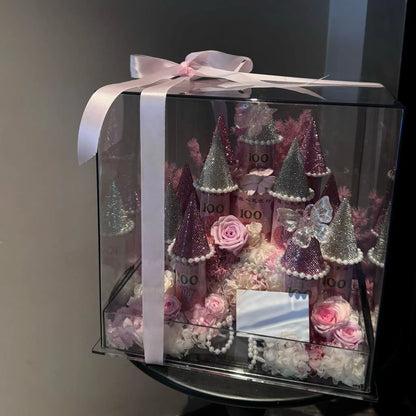 LULU ROSÉE pink small preserved flower castle presented in a clear display case